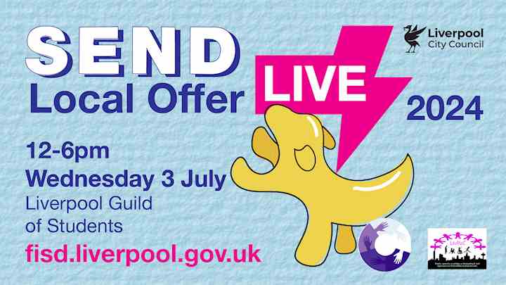 Image of a lambanana, with the following text. SEND Local Offer Live, 12-6pm Wednesday 3 July, The Liverpool Guild of Students at the University of Liverpool, liverpool.gov.uk