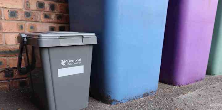 A grey food waste caddy next to a blue and purple wheeled bin.