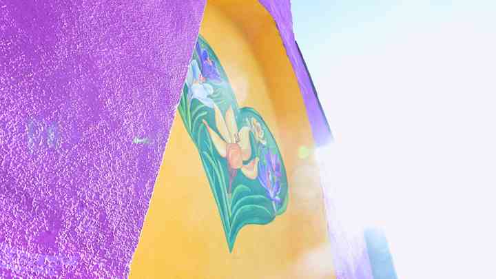 A crocus in a heart, painted on a wall.