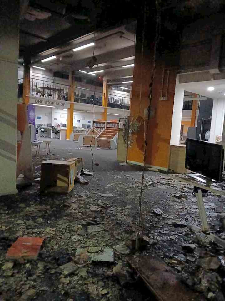 Internal image of Spellow LIbrary following the arson attack in August 2024