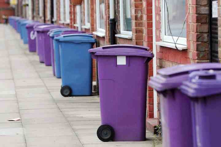 Purple bins on a Liverpool residential street.