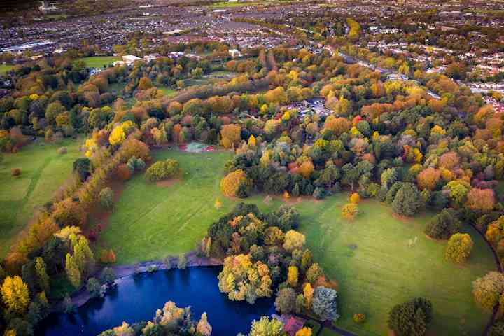 An overhead shot of Calderstones Park, showing the water, trees, and grassy areas.