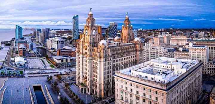 An elevated image of the Liver and Cunard Buildings